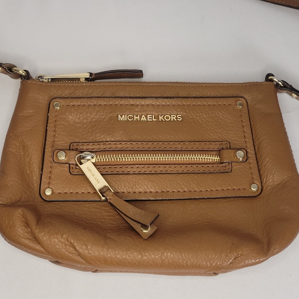 Michael Kors Pebbled Leather Crossbody Bag Brown MK Purse Gold Hardware - Picture 4 of 7